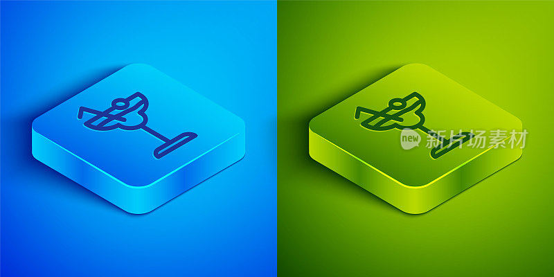 Isometric line Cocktail and alcohol drink icon isolated on blue and green background. Square button. Vector